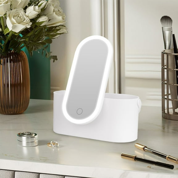 Travel Makeup Organizer Box with LED Mirror, Pink Portable Makeup Case Touch Switch Home Cosmetic Box, White