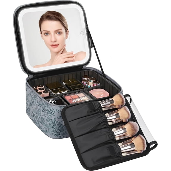 Travel Makeup Train Case with LED Mirror Adjustable Brightness Dividers and Separate Brush Compartment for Makeup Artist Storage