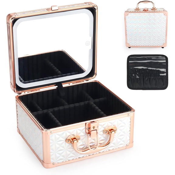 Travel Makeup Train Case with Magnetic LED Mirror, Waterproof Cosmetic Organizer, Adjustable Divider, 3 Lighting Modes in Pink