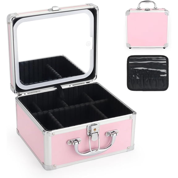 Travel Makeup Train Case with Magnetic LED Mirror, Waterproof Cosmetic Organizer, Adjustable Divider, 3 Lighting Modes in Pink