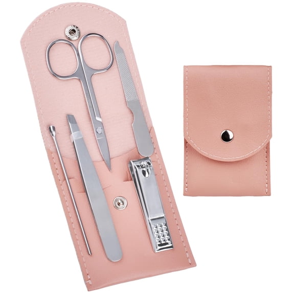 Travel Manicure Set Professional Nail Clipper Kit-5 Pieces Stainless Steel Kit, Women Men Grooming kit With Care Tools Beauty Scissors Tweezers (Silver Pink)