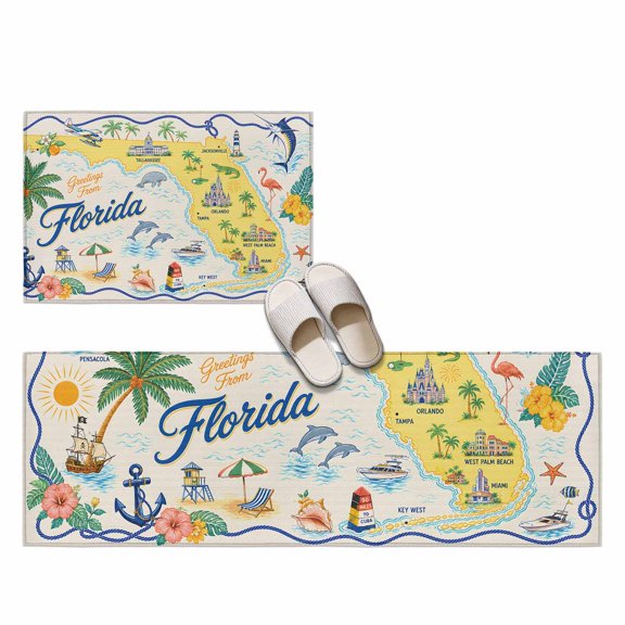 Travel Map 2 Pieces Non-Slip Kitchen Mat Set, Florida Island Maps Tropical Flamingo Sailboat Ocean Soft Door Mat with Rubber Backing, Dirtproof Rugs for Entrance Doorway, 20x24in+20x48in