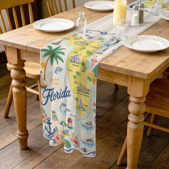 Travel Map 4.5ft Cheesecloth Table Runner for Wedding 19"x55", Florida Island Maps Tropical Flamingo Sailboat Ocean Kitchen Dinner Sheer Tulle Chiffon Dresser Scarf, Holiday Party Decorations
