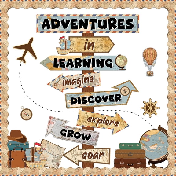 Travel The Map Bulletin Board Let The Adventure Begin Cutouts Classroom Decorations Travel Theme Motivational Sign for Kids Let's Explore Voyage Bulletin Cutouts Vintage Classroom Decor