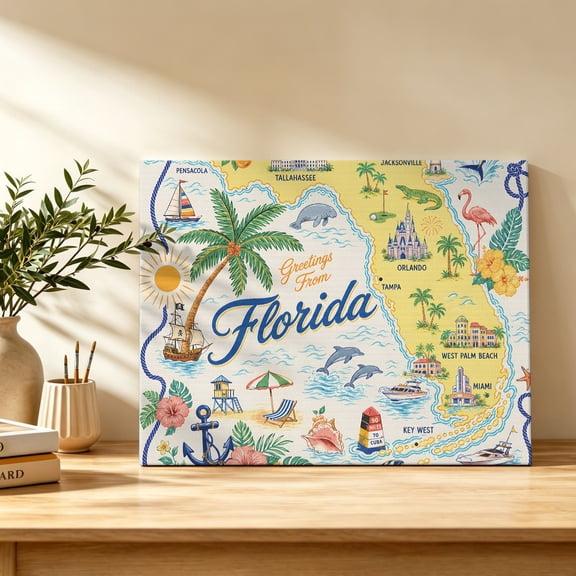 Travel Map Canvas Wall Art, Florida Island Maps Tropical Flamingo Sailboat Ocean Wall Art Prints Artwork Framed Canvas Ready to Hang Art Pictures for Bathroom Bedroom Entry Desk Corner 10" x 8"