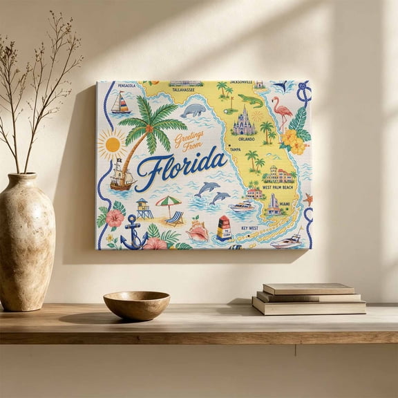 Travel Map Canvas Wall Art, Florida Island Maps Tropical Flamingo Sailboat Ocean Wall Art Prints Artwork Framed Canvas Ready to Hang Art Pictures for Living Dining Room Bedroom Hallway 30" x 20"