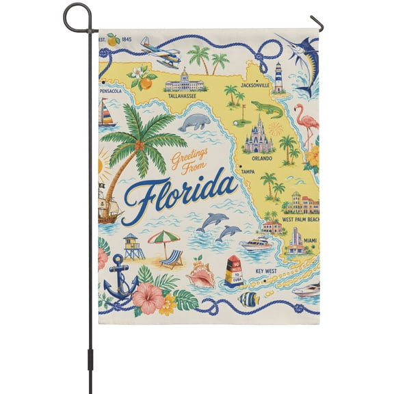 Travel Map House Flag 28 x 40 Inches, Florida Island Maps Tropical Flamingo Sailboat Ocean Weather Proof Outdoor Patio Flags Double Sided Small House Decoration for Yard Lawn Outside Home