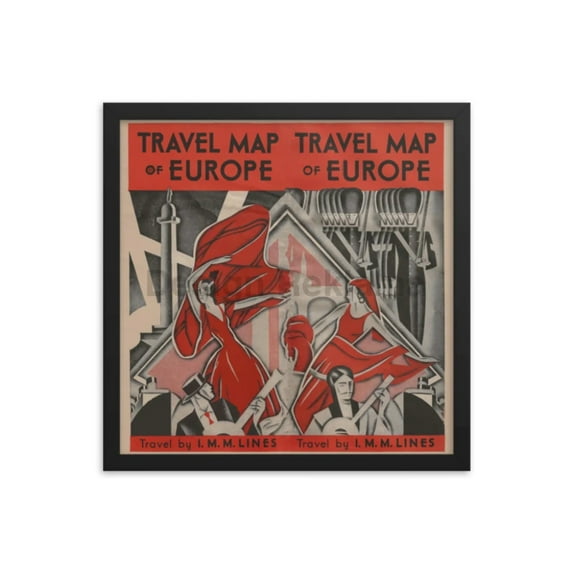 Travel Map Of Europe IMM Lines, 1932. Framed Vintage Travel Poster