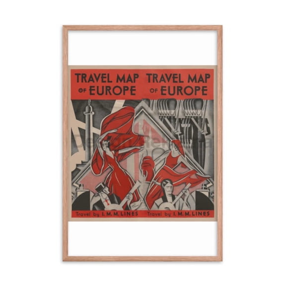 Travel Map Of Europe IMM Lines, 1932. Framed Vintage Travel Poster