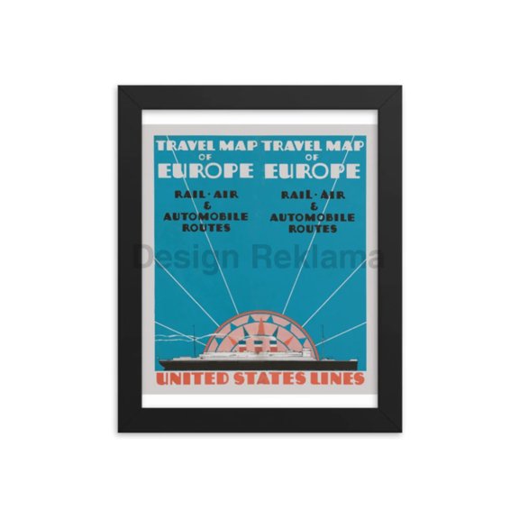 Travel Map Of Europe Rail, Air, Automobile Routes. United States Lines, 1930. Framed Vintage Travel Poster