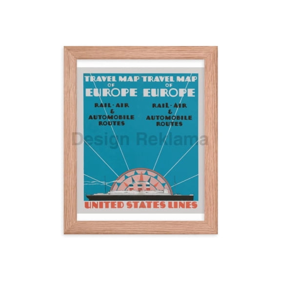 Travel Map Of Europe Rail, Air, Automobile Routes. United States Lines, 1930. Framed Vintage Travel Poster