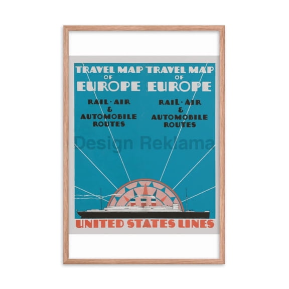 Travel Map Of Europe Rail, Air, Automobile Routes. United States Lines, 1930. Framed Vintage Travel Poster