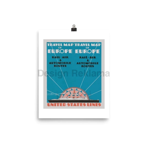 Travel Map Of Europe Rail, Air, Automobile Routes. United States Lines, 1930. Unframed Vintage Travel Poster