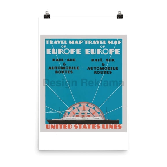 Travel Map Of Europe Rail, Air, Automobile Routes. United States Lines, 1930. Unframed Vintage Travel Poster