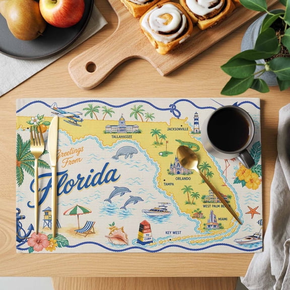Travel Map Placemats Set of 1 Florida Island Maps Tropical Flamingo Sailboat Ocean Heat Insulation Non-Slip Place Mats Washable Table Mats for Dining room Party Kitchen Decor, 13 x 19 Inches