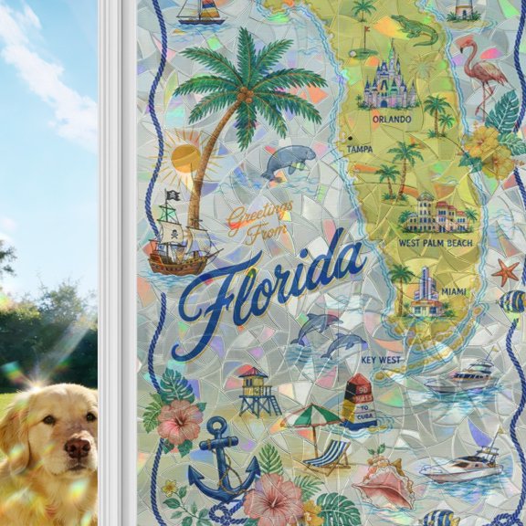 Travel Map Rainbow Window Privacy Film, Florida Island Maps Tropical Flamingo Sailboat Ocean Stained Glass Window Film, Sun Blocking Static Cling Non Adhesive Door Stickers 17.7 x 39.3 Inches