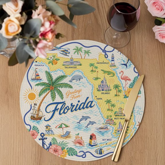 Travel Map Round Braided Placemats Set of 4, Florida Island Maps Tropical Flamingo Sailboat Ocean Heat Insulation Place Mats Washable Non-Slip Table Mats for Kitchen Dining Party, 13 Inches