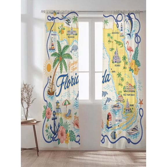 Travel Map Sheer Curtains 84 inches Long 2 Panels Set Florida Island Maps Tropical Flamingo Sailboat Ocean Tiers Sheers Rod Pocket Small Window Short Curtains for Kitchen Cafe, Each 52" W x 84" L