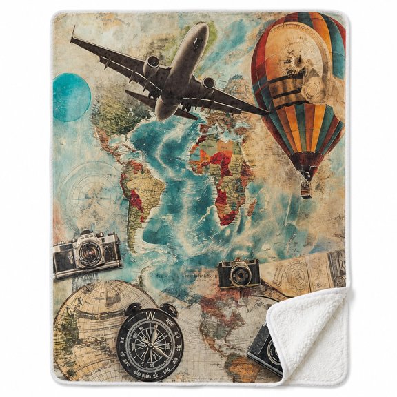Travel Map Sherpa Blanket, Vintage Airplane Hot Air Balloon Throw