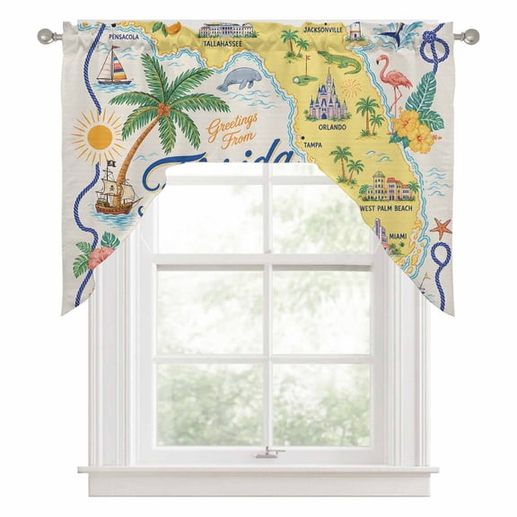 Travel Map Swag Valance and Tier Curtains Set Florida Island Maps Tropical Flamingo Sailboat Ocean Kitchen Curtains 3 Piece Set Rod Pocket Panels for Bedroom Cafe 56x36 inch