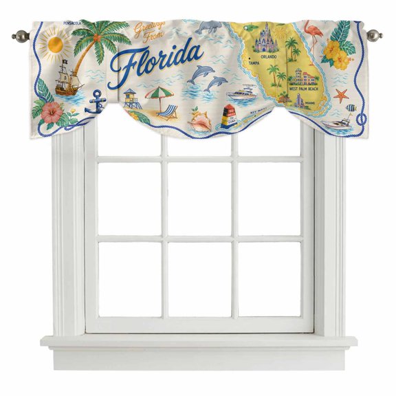 Travel Map Tie Up Valance for Windows Florida Island Maps Tropical Flamingo Sailboat Ocean Adjustable Curtain Valance Rod Pocket Balloon Shade Window Treatment for Kitchen Living Room 42x12inch