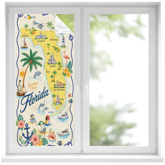 Travel Map Window Privacy Film 17.7x39.3in Florida Island Maps Tropical Flamingo Sailboat Ocean Decorative Window Film with Static Cling, UV Filtering Window Cling Privacy Film for Glass Doors