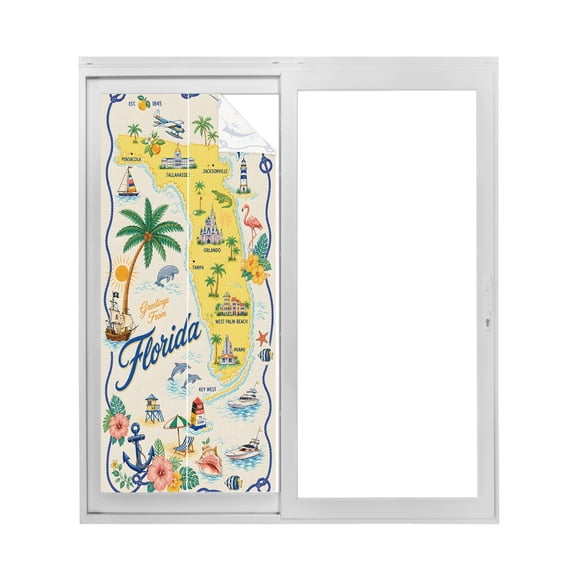 Travel Map Window Privacy Film Florida Island Maps Tropical Flamingo Sailboat Ocean Decorative Glass Window Film UV Blocking Static Cling Non-Adhesive Sticker Covering 17.7 x 39.3 inches
