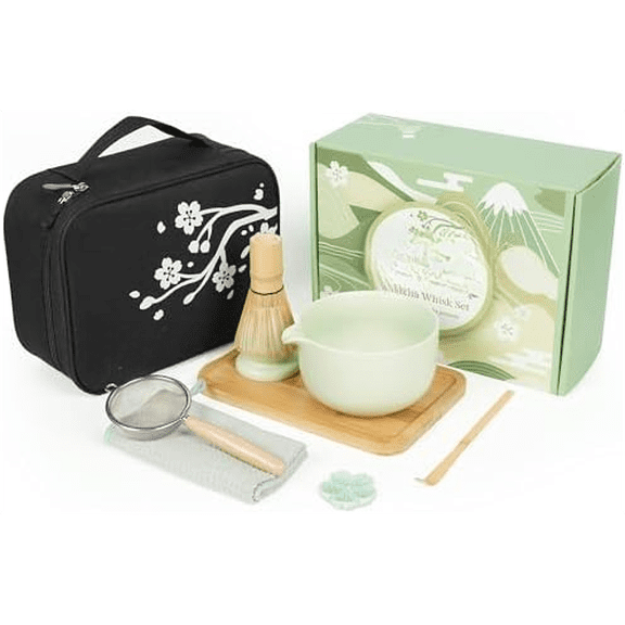 Travel Matcha Set with Portable Storage Bag, 9-Piece Japanese Matcha Kit includes Ceramic Bowl, Bamboo Whisk, Holder & Tray, Traditional Tea Ceremony Gift Box for Travel & Home