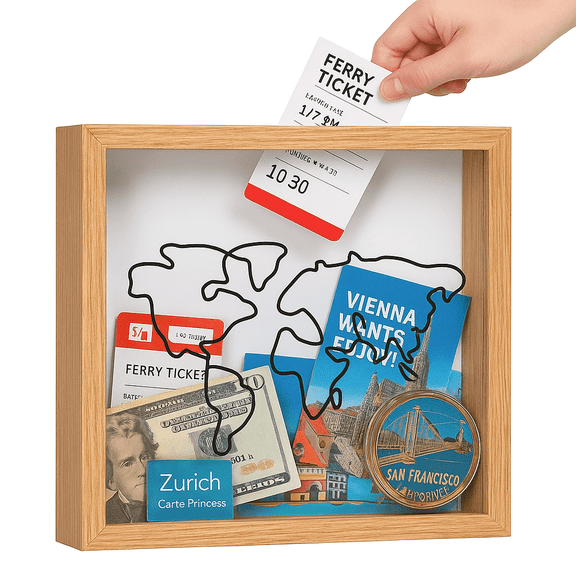 Travel Memory Box Shadow Display Case with Top Slot, Ticket Stub Holder for Keepsakes, Photos, Postcards, Souvenirs & Travel Collection, 11.4"x11.4" brown