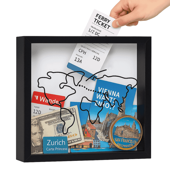 Travel Memory Box Shadow Display Case with Top Slot, Ticket Stub Holder for Keepsakes, Photos, Postcards, Souvenirs & Travel Collection, 7.8"x7.8" Black