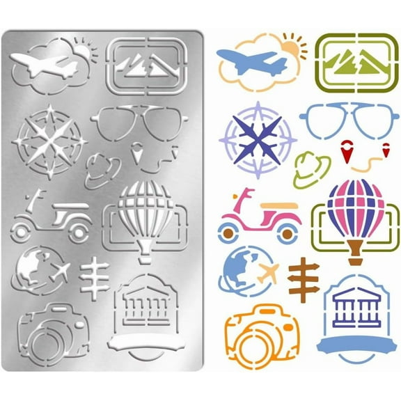 Travel Metal Stencil for Craft Wood Burning Stainless Steel Painting Stencil for Journal Camera Glasses Hot-air Balloon Aeroplane Reusable Template for Scrapbooking Drawing Colorful