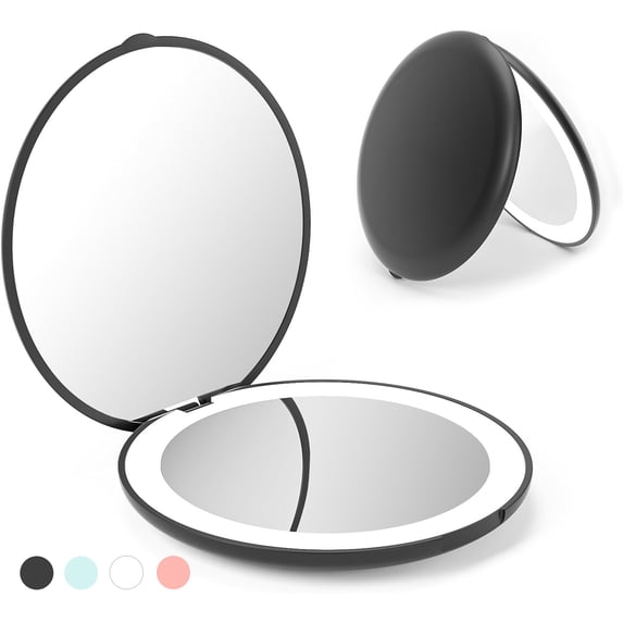 Travel Mirror with Light, 1X/10X Magnification Compact Mirror, Rechargeable LED Purse Mirror, Portable Lighted Pocket Mirror (Black)