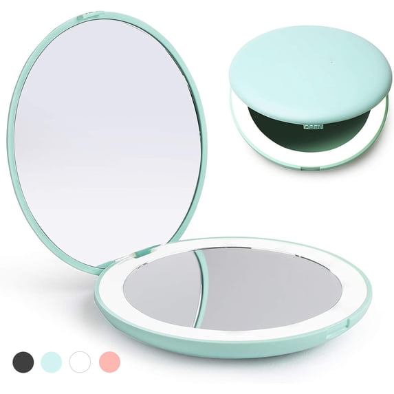 GoXteam Travel Mirror with Light, 1X/10X Magnification Compact Mirror, Rechargeable LED Purse Mirror, Portable Lighted Pocket Mirror (Cyan)