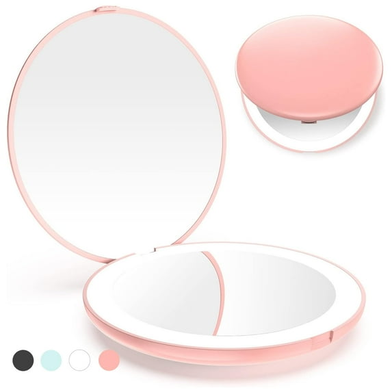 Travel Mirror with Light, 1X/10X Magnification Compact Mirror, Rechargeable LED Purse Mirror, Portable Lighted Pocket Mirror (Pink)