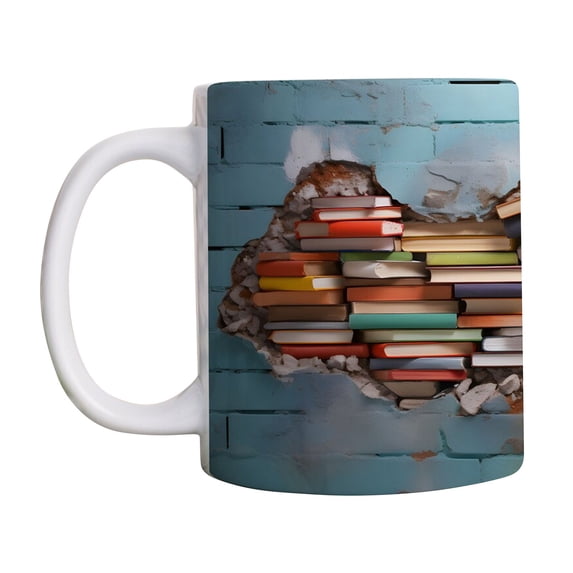 Travel Mug 3D Bookshelf Pattern Ceramic Mug 11oz Drinkware, Unique Sculpted Kitchen Gadget, Beverage Container for Birthday Christmas Holiday Desktop Gift Decor