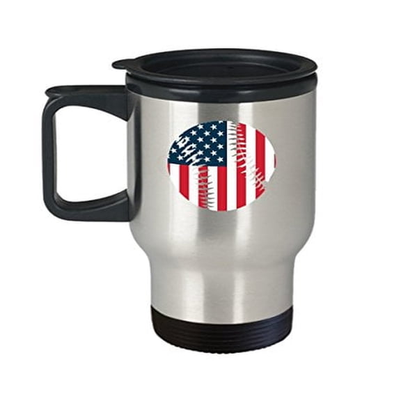 Travel Mug Baseball - USA Flag - Gifts for Sports Fans - 14 oz Stainless Steel Coffee Cup
