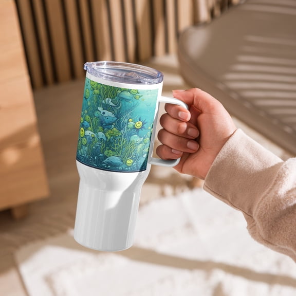 Travel Mug Smiley Faces Nautical Pattern Spill-proof Lid Handle 25 oz