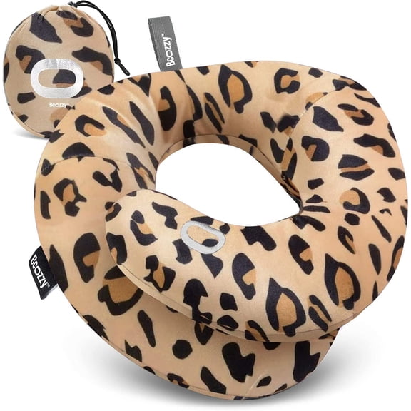 Travel Neck Pillow for Airplane Patented Double Support for Head, Neck, and Chin. Best for Long Flights, Plane Sleeping, and Car Rides. Adjustable Size. Washable. Carry Bag. Large, Leopard