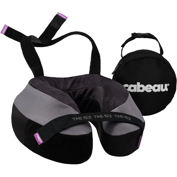 Cabeau Travel Neck Pillow for Airplanes - The Neck's Evolution TNE S3 - Supportive Memory Foam Design for Long Haul Flights with Attachable Seat Straps and 360 Support in Berlin Grey