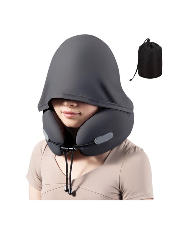 Travel Neck Pillow with Extra Large Hood - U Shaped Sleeping Pillow with Light Blocking Design, Portable Head and Neck Support for Airplane Car Travel Office Reading Relaxation