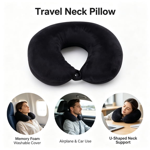 Travel Neck Pillow for Sleeping Memory Foam Airplane Travel Pillow with Washable Cover U Shape Neck Support Cushion for Sleeping Car Plane Trips Black