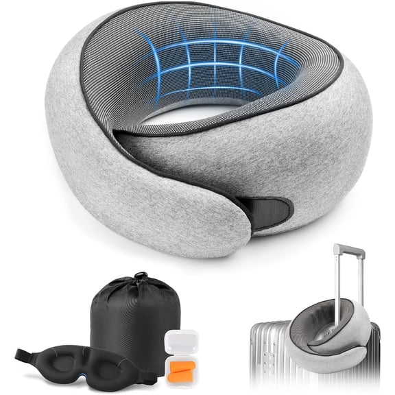 Travel Neck Pillow with 100% Pure Memory Foam, G-Shape, Includes Eye Mask & Ear Plugs, Ergonomic Design for Airplane, Car & Office, etc, Beige Gray