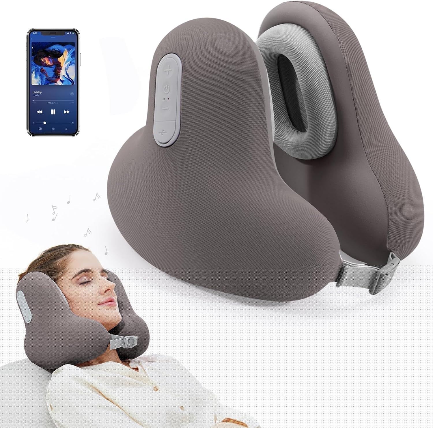 Travel Neck Pillow with Bluetooth Headset ,Memory Foam and Noise-Canceling Audio , Ergonomic Design for Airplane, Car, or Home Use ,Adjustable Buckle (Grey)