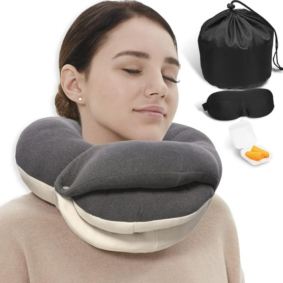 Travel Neck Pillows for Airplanes, 360 Head Support Sleep for Long Flight, Skin-Friendly & Breathable, Kit with 3D ed Eye Mask, Earplugs and Storage Bag (Adult, Grey, 90+ lbs)