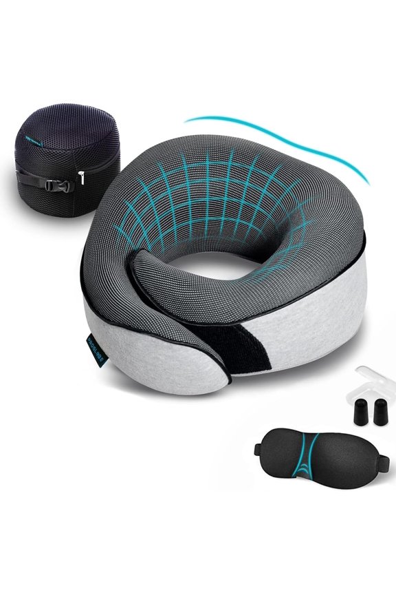 Travel Neck Pillows for Airplanes, Sleeping Essentials for Long haul Flights, 360 Head Support, Car and Airplane Kit with 3D ed Eye Mask, Earplugs and Luxury Mesh Bag (Adult, Grey)