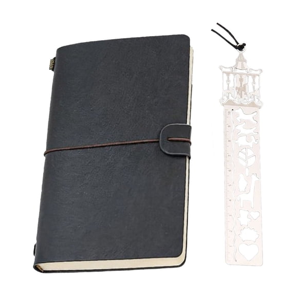 Travel Notebook, Gaqring Vintage A6 Portable Journal with Metal Bookmark Ruler, 180 Pages Kraft Paper Lined Refillable Writing Pad for Notes Sketching Travel, Dark Gray