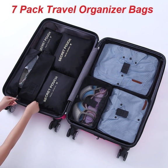 Travel Organizer Bags Set of 7, Lightweight Travel Packing Cubes Luggage Storage Organizers Bag with Shoe Bag, Black