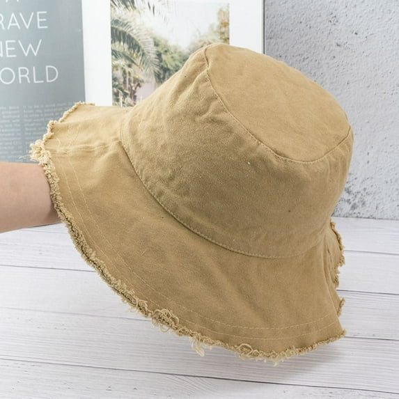 Travel Outdoor Oversized Sun Hats Frayed Cotton Big Heads Beach Hat Fishing Cap Bucket Hat Fisherman Hat KHAKI