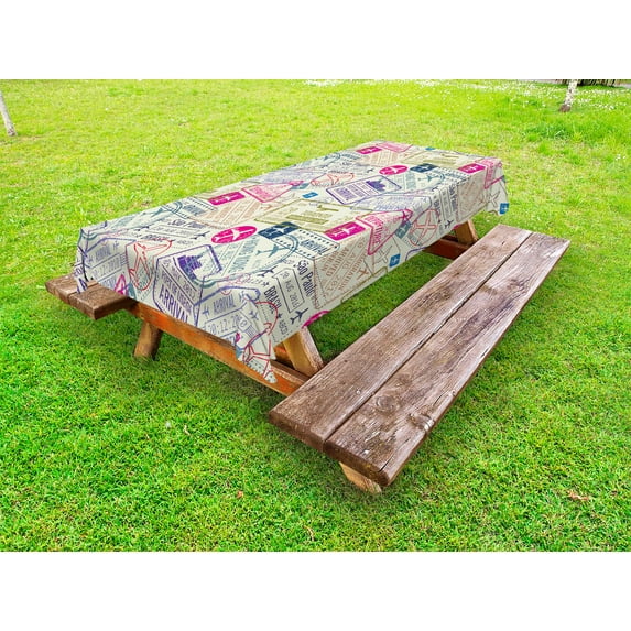 Travel Outdoor Tablecloth, Passport and Visa Stamps Illustration of Toronto Hong Kong Berlin Print, Decorative Washable Fabric Picnic Table Cloth, 58 X 84 Inches,Egg Shell and Pink, by Ambesonne