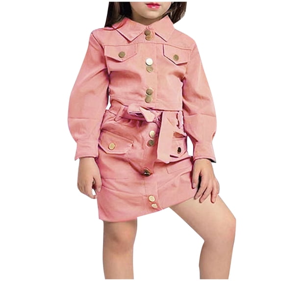 Travel Outfits Fashion Girls Solid Color Slapel Long Sleeve Short Skirt Suit New Casual Matching Sets Pinks 4T
